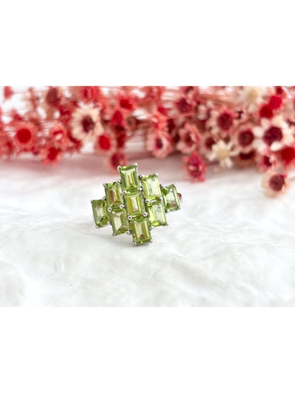 Green Peridot Emerald Cut Cluster Sterling Silver 925 Vintage Ring - sz 10 - Picture 10 of 15
